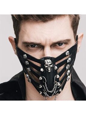 BLACK leather skull chain stud face mask slave bondage BDSM costume cosplay NWT